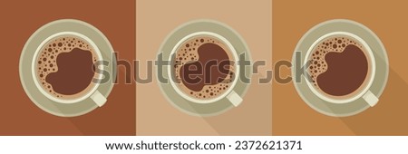 Coffee banner. Long shadow design illustration. Top view. Vector. 