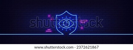 Neon light glow effect. Eye protection line icon. Oculist clinic sign. Optometry vision symbol. 3d line neon glow icon. Brick wall banner. Eye protection outline. Vector