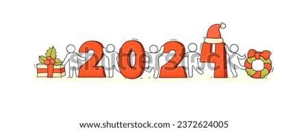 Happy New year 2024 banner with doodle people. Vector sketch illustration of cute little men collect numbers of year