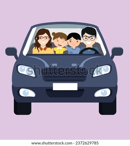Vector illustration of a cartoon character on a white background. elements with smiling parents with two cheerful children boy and girl sitting in a gray car
