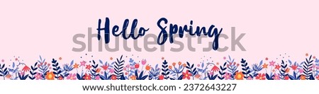 Hello Spring banner. Floral card with colourful blooming flower and leaves. Vector illustration