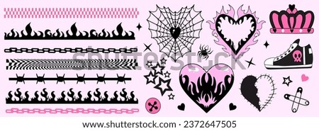 Y2k 2000s cute emo goth aesthetic stickers, tattoo art elements, borders. Vintage pink and black gloomy set. Gothic halloween concept of creepy love. Vector illustration Royalty-Free Stock Photo #2372647505