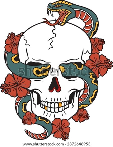 Skull Old School Tattoo with Snake and Hibiscus Flower Color. Vector Illustration.
