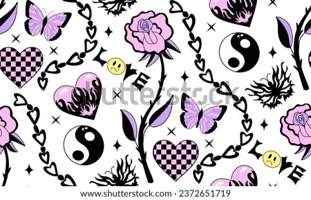 Y2k emo girl glamour pink seamless pattern. Backgrounds in trendy 2000s emo kawaii style. Gothic texture 90s, 00s aesthetic. Vector illustration Royalty-Free Stock Photo #2372651719
