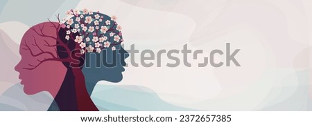 Metaphor bipolar disorder mind mental. 2 Head silhouette with flowering tree and bare tree. Mental health concept. Split personality. Mood disorder. Psychology. OurMindsMatter. Burnout Royalty-Free Stock Photo #2372657385