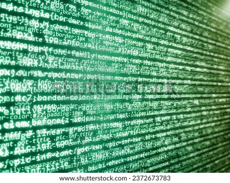 Source code photo. Web design business working t. Application web source code on monitor. Green binary code technologies on a black background. Screen close up