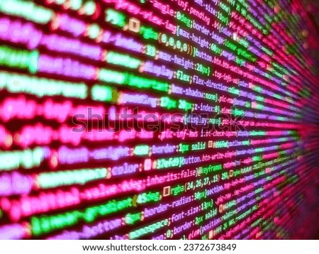 Programming preventing hacks in Internet security. Creative focus effect. PC software creation business. Closeup of Java Script, CSS and. Writing programming code