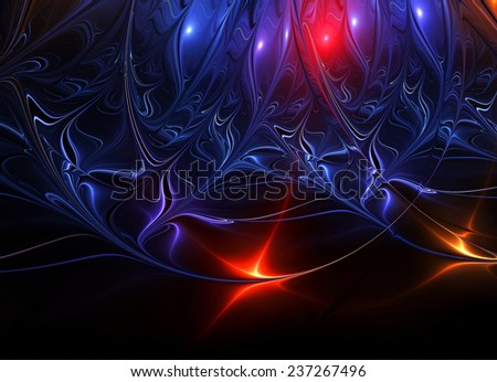 Abstract neon illuminated magic background.  Glowing blue on black. Digital artwork for creative design. Artistic decoration for wallpaper desktop, poster, cover booklet, flyer. Fractal art