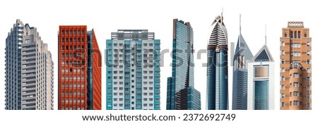 Different styles of modern buildings isolated on white background, high rise buildings. Royalty-Free Stock Photo #2372692749