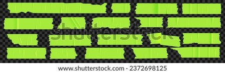 A set of acid green pieces of torn scotch tape. Trendy elements for designs with realistic texture. Vector illustrations on transparent background. Bright and bold  Royalty-Free Stock Photo #2372698125