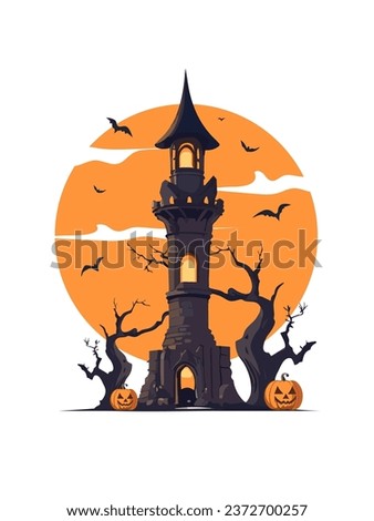 Halloween creepy spooky old haunted tower house,mansion, pumpkins, ghosts, witches, castle illustration