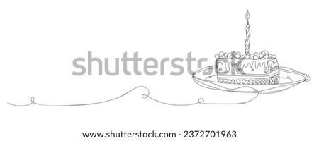 Piece of drawn birthday cake with burning candle on white backgr