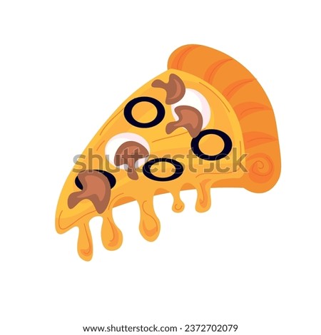 Slice of hot pizza with olives and mushrooms on white background