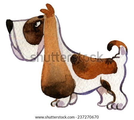 Watercolor cartoon dogs: Basset Hound standing a white background