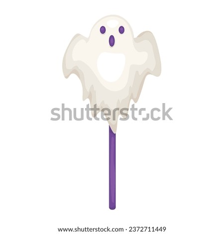 Tasty lollipop in shape of ghost on white background