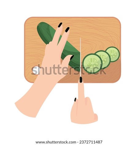 Hands cutting cucumber on wooden board against white background,