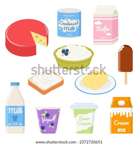 Assortment of healthy dairy products on white background