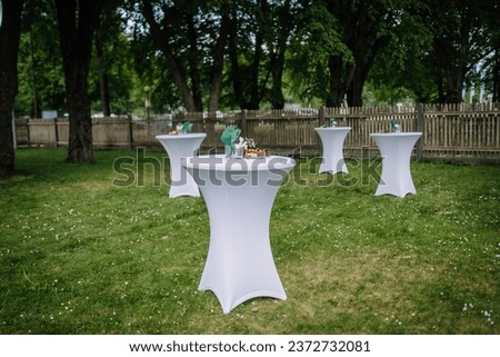 High round table for banquets and parties in the park. Round Spandex Tablecloth, Elastic Stretch Tablecloth, Skirt for Cocktail, Wedding, Bar, Easter, Hotel, Party Decoration Royalty-Free Stock Photo #2372732081