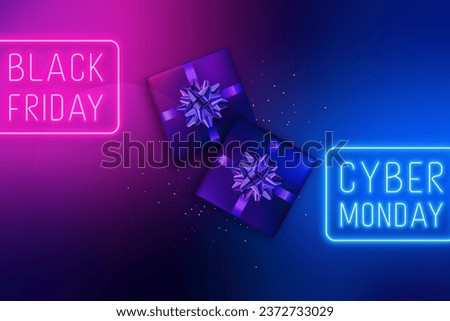 Black Friday and Cyber Monday Sale neon signboard. Realistic foil wrapped gift boxes reflect neon color. Design template for banner, web, social media. Royalty-Free Stock Photo #2372733029