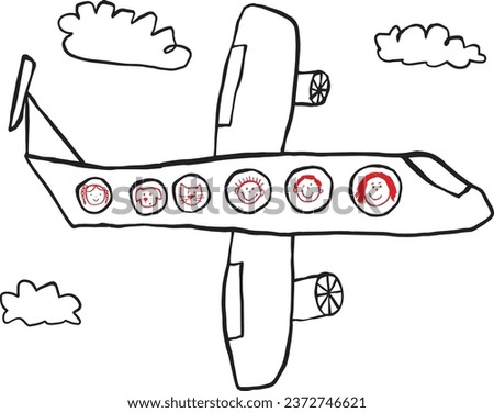 Family Travel. Naive Hand Drawing Airplane and Clouds for Kindergarten Posters and Banners. Line art Vector Illustration Children Kids Style. 