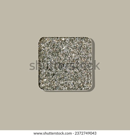 Top view eye shadow sustained grey trend color swatch with shadow, monochrome minimal style photo, sparkle eyeshadow, colored shiny powder for festive makeup, square shape metal pack, beauty cosmetic