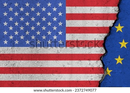 US and EU flag cracked on a concrete background