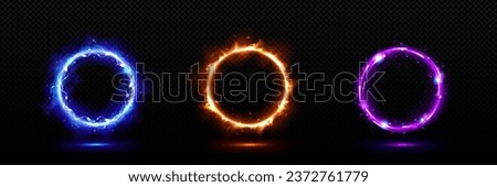 Set of light effect circles isolated on transparent background. Vector realistic illustration of blue, orange, purple avatar frames with lightning strike, burning fire, magic power sparkles design