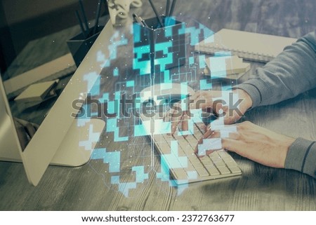 Double exposure of tech drawings with hands working on computer background. Concept of innovation.