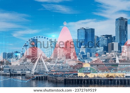 Skyscrapers Cityscape Downtown View, Seattle Skyline Buildings. Beautiful Real Estate. Day time. Forex Financial graph and chart hologram. Business education concept.