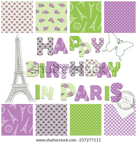 Scrapbook design elements in lavender and green colors. Paris and birthday theme.