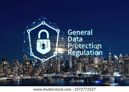 New York City skyline from New Jersey over the Hudson River with skyscrapers at night, Manhattan, Midtown, USA. GDPR hologram, concept of data protection, regulation and privacy for all individuals