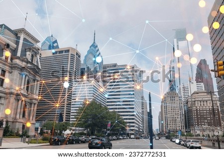 Day time cityscape of Philadelphia financial downtown, Pennsylvania, USA. City Hall neighborhood. Glowing Social media icons. The concept of networking and establishing new connections between people