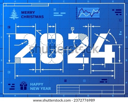 Card of New Year 2024 as blueprint drawing. Stylized drafting of 2024 on blueprint paper