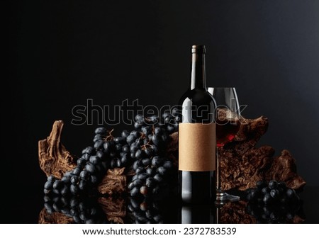 Bottle of red wine with old empty label. In the background old weathered snag and blue grapes. Royalty-Free Stock Photo #2372783539