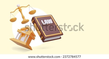 Realistic courthouse, scales, legal code. Services of lawyer. Legal education. Regulatory and legal base, online library. Horizontal concept on yellow background. Place for text Royalty-Free Stock Photo #2372784577
