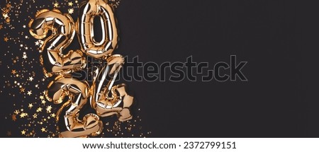 Banner with 2024 golden balloons and stars confetti on a black background. New Year concept with place for text.