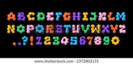Trendy Y2K glossy 3D bubble font with inflated balloon English letters and numbers. Multicolored flower bloom shaped vector alphabet for 2000s and 90s designs