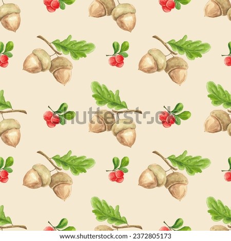 Hand drawn seamless watercolor pattern. Forest. Autumn. Seasons. September. October. November. Children's seamless pattern for fabric. Tablecloth. Baby mice Mushrooms Acorns