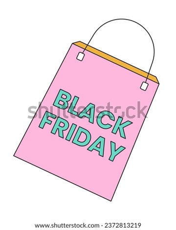 Black friday shopping bag 2D linear cartoon marketing sticker. Paper bag isolated line vector price badge white background. Store purchases color flat spot illustration, advertising commercial event