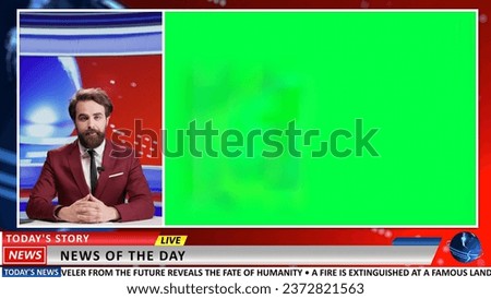 Presenter discusses breaking news using greenscreen template on broadcast channel, sitting in newsroom. Media news anchor presenting politics or business topics events, blank copyspace. Royalty-Free Stock Photo #2372821563