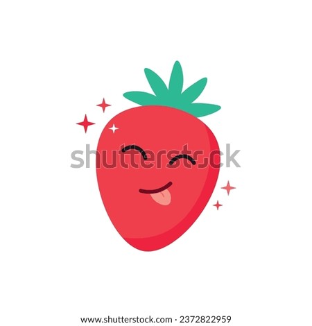 Kawaii strawberry with face, hearts and sparkles with text lettering Berry Cute. Funny fruit pun illustration, cute and simple doodle style drawing.
