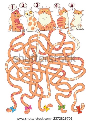 Tangled maze of cat tails. Maze for children. Educational game for kids. Attention task. Choose right path. Funny cartoon character. Worksheet page. Vector illustration. Isolated on white background Royalty-Free Stock Photo #2372829701