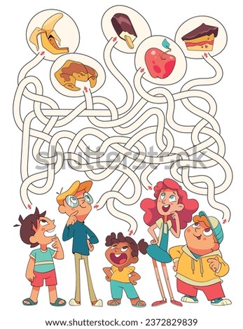 Maze for children. Kids choose their favorite food. Educational game for kids. Attention task. Choose right path. Funny cartoon character. Worksheet page. Vector illustration. Isolated on white Royalty-Free Stock Photo #2372829839