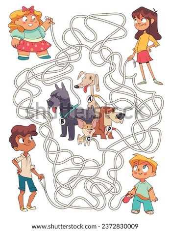 Maze for children. Dog leashes tangled. Kids walking their dogs. Educational game for kids. Attention task. Choose right path. Funny cartoon character. Worksheet page. Vector illustration Royalty-Free Stock Photo #2372830009