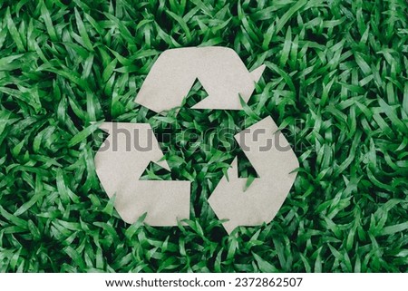 Recycle arrow cardboard symbol on grass for sustainability, environment and package pollution. Recycling, earth day and energy with eco friendly sign for reuse.
