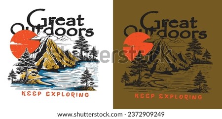 mountain T-shirt prints in vector in two color combination, Explore graphic print design for apparel. Mounting artwork for t shirt , sweatshirt, poster, sticker and others. Explore more. Summer camp. 