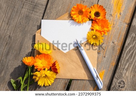 An empty paper postcard, an envelope and a calendula flower on a wooden background, a postcard layout with a place to copy, a template, a flat layout. A place to copy. Selective focus.