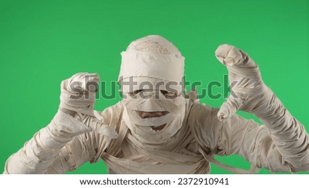 Green screen isolated chroma key photo capturing a mummy jumping at the camera to scare, booing and roaring, pulling hands towards the camera. Royalty-Free Stock Photo #2372910941