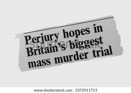 Perjury hopes in Britain's bigest mass murder trial - news story from 1975 UK newspaper headline article title Royalty-Free Stock Photo #2372911713