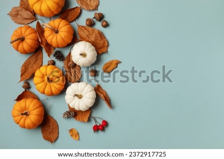 Autumn Thanksgiving holiday background from pumpkins, colorful dried leaves and fall decorations top view.
